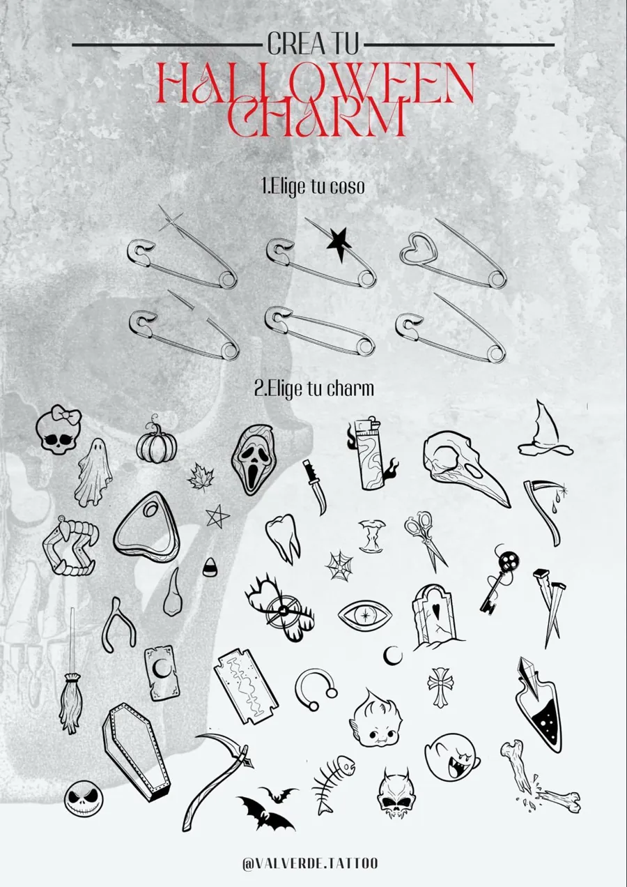 Cartel Crea tu Halloween Charm de PinkShark Tattoo con todos los imperdibles y charms para elegir