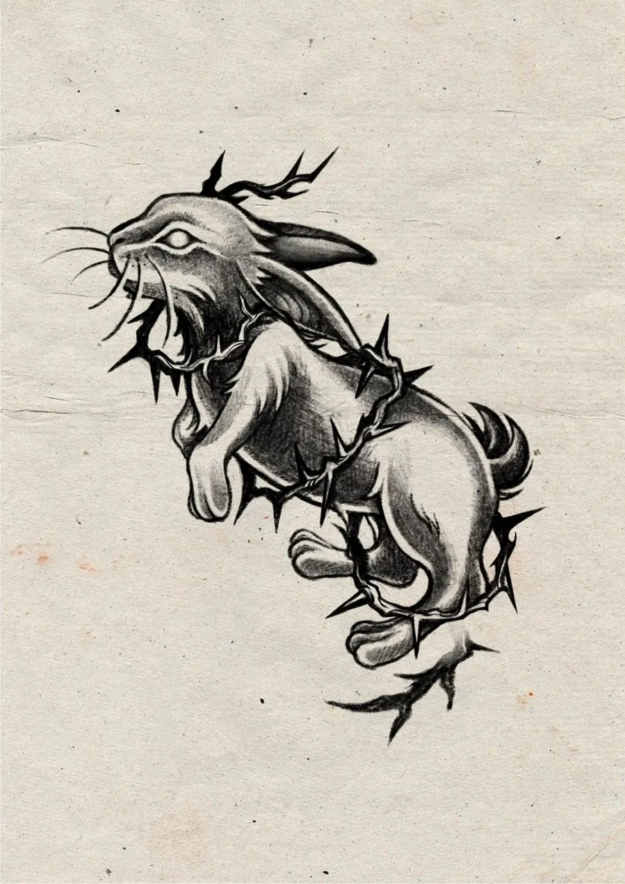 Diseño de Halloween de PinkShark Tattoo: un conejo rodeado de espinas