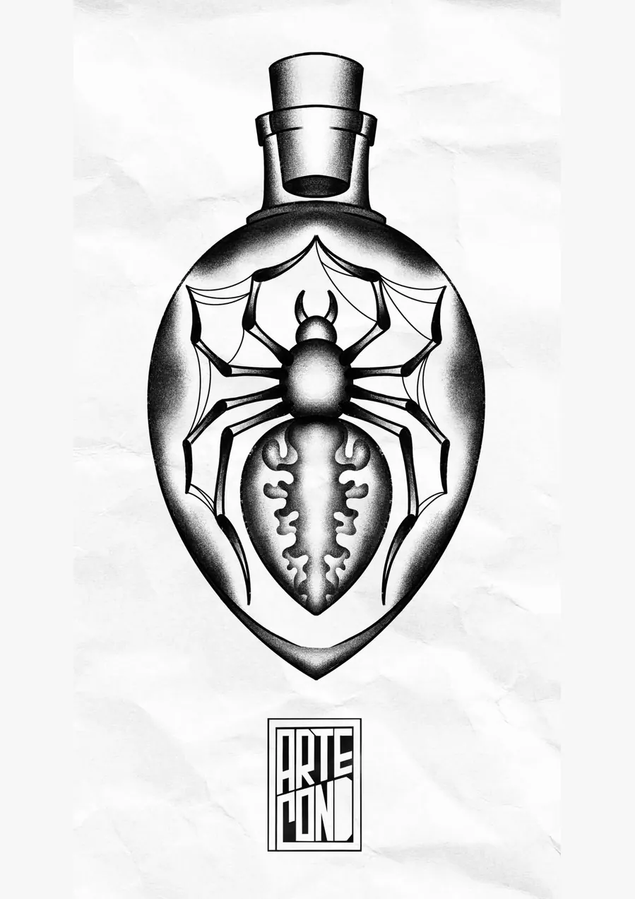 Diseño de Halloween de PinkShark Tattoo: una araña con telaraña dentro de un frasco