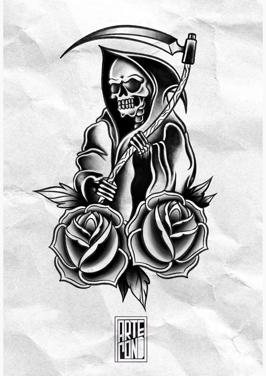 Diseño de Halloween de PinkShark Tattoo: la Parca con una guadaña y dos rosas