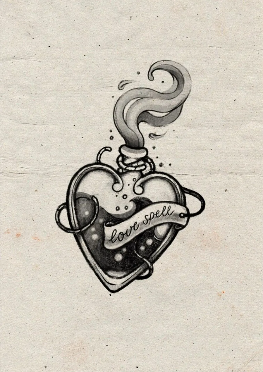 Diseño de Halloween de PinkShark Tattoo: un corazón convertido en poción con la inscripción love spell