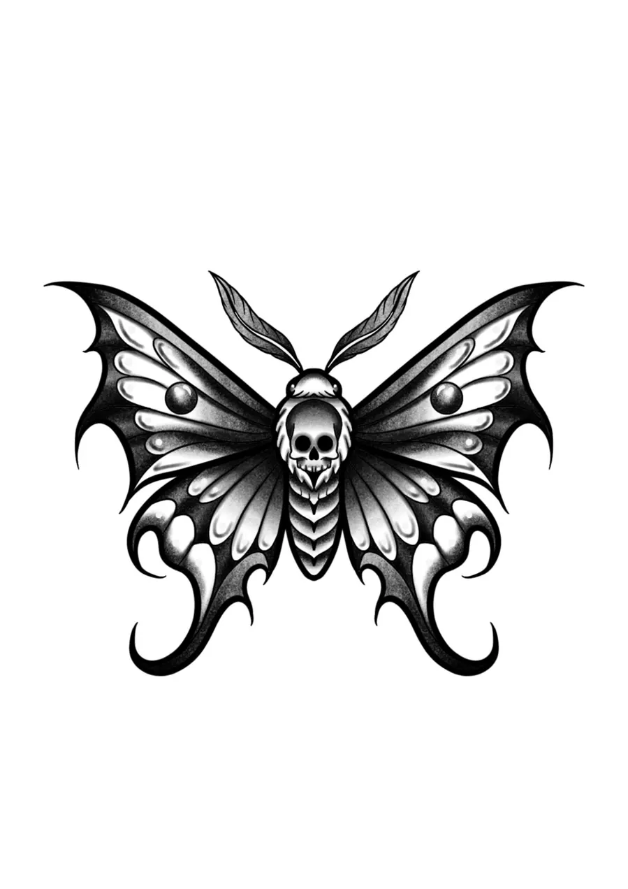 Diseño de Halloween de PinkShark Tattoo: una polilla con una calavera